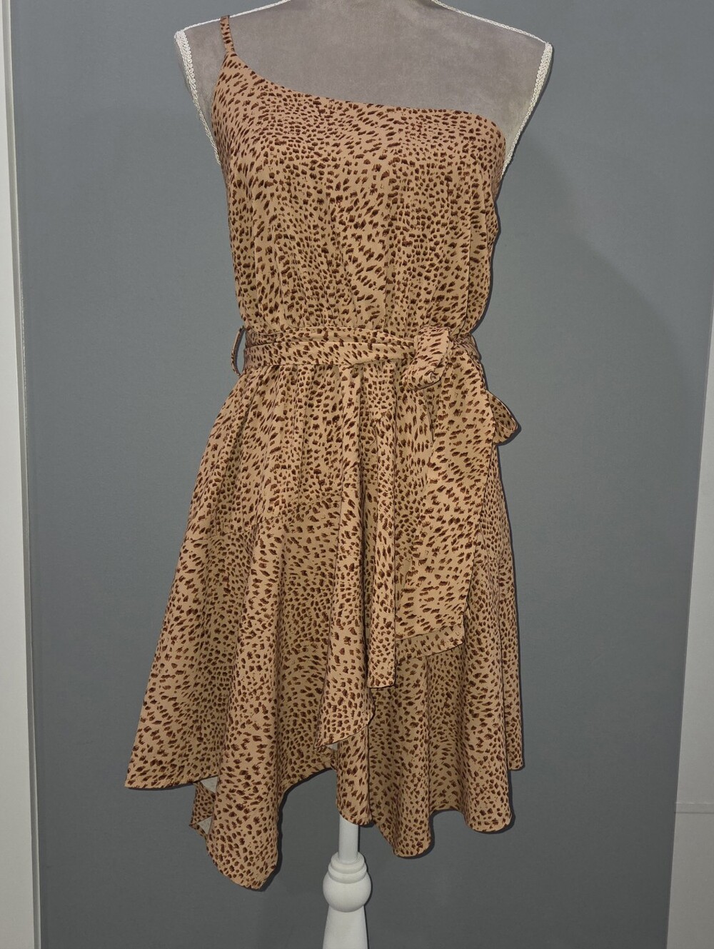 Asymmetric One-Shoulder Tan Animal Print Dress with Tie Waist, Size M